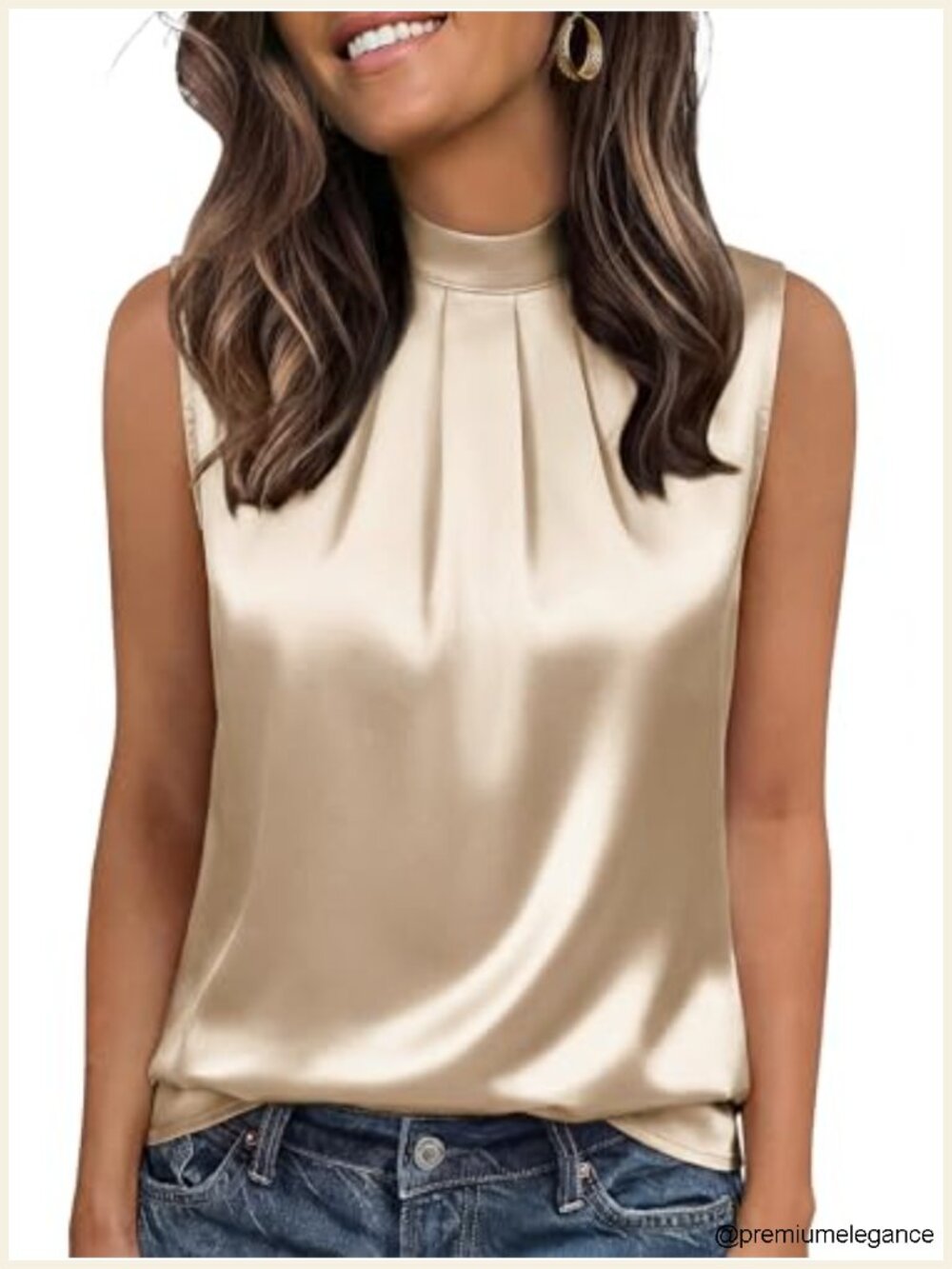 Silk Satin Mock Neck Sleeveless Tank Top Pleated Dressy Blouse